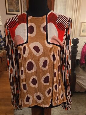 Womens Mixed-Print Long-Sleeve Blouse in Tan and Rust